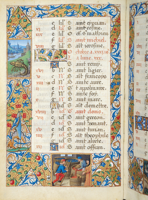 Ms 81/1057 The Month of October: Scorpio and Pressing Grapes, from the 'Heures de Nicolas Le Camus' (vellum)