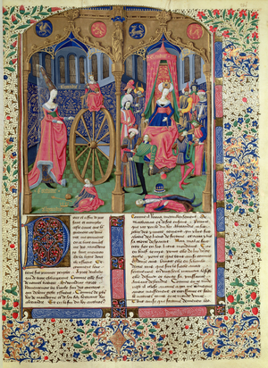 Ms 728/312 fol.224v Fortune with Alexander the Great; Giudice assists in the three phases of the poisoning of Alexander, French edition of original by Jean de Courcy (c.1350-1431) (vellum)