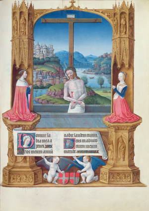 Ms 65/1284 f.75r Christ of Pity Adored by the Duke and Duchess of Savoy, from the Tres Riches Heures du Duc de Berry (vellum)