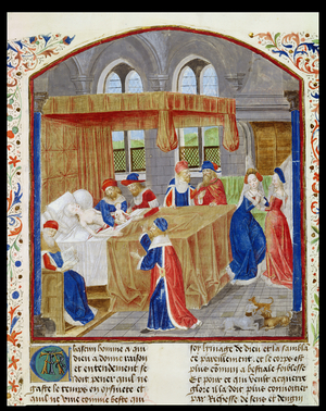 Ms 770/1055 f.1 The Birth of Caesar, compiled according to Lucanus, Suetonius and Sallust, from 'Faits des Romains', 1480 (vellum) (see also 219643)