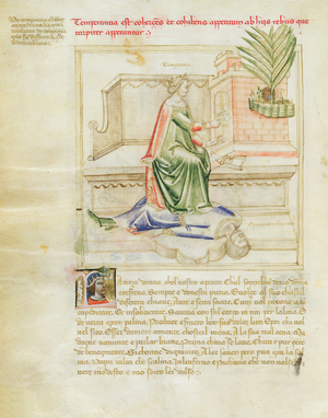 Ms 599/1426 fol.3v Temperance and Epicurus, from 'Panegyric of Bruzio Visconti' written by Bartolomeo da Bologna di Bartoli (fl.1374) (vellum)