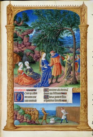 Ms 65/1284 f.57r Rest on the Flight into Egypt, from the Tres Riches Heures du Duc de Berry, early 15th century (vellum)