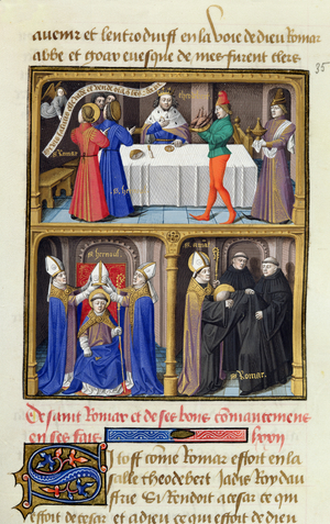 Ms 722/1196 fol.67r Scenes from the Life of St. Romaric (d.653) from Le Miroir Historial, by Vincent de Beauvais (vellum)