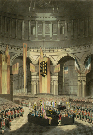 The Ceremony of Lord Nelson's Interment in St. Paul's Cathedral from 'The History and Graphic Life of Nelson', drawn from a study made by the Rev. Holt Waring, engraved by J. Clarke and J. Handle, 1806 (coloured engraving)