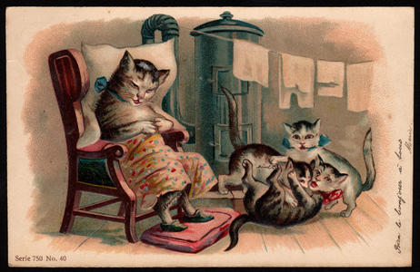 Animals in human-like poses. Kittens squabbling in front of their sleeping mother. Postcard. Chromo, early 20th century. .