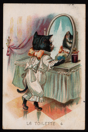 The Toilet. Animals in human-like poses. Cat at her dressing table, looking at herself in a mirror. Postcard. Chromo, early 20th century.