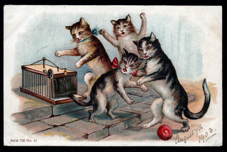 Animals in human-like poses. Cats and a mousetrap. Postcard. Chromo, early 20th century. .