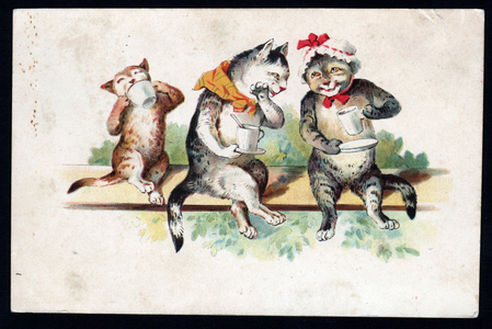 The Toilet. Animals in human-like poses. Cats drinking tea on a wall and sharing secrets. Postcard. Chromo, early 20th century.