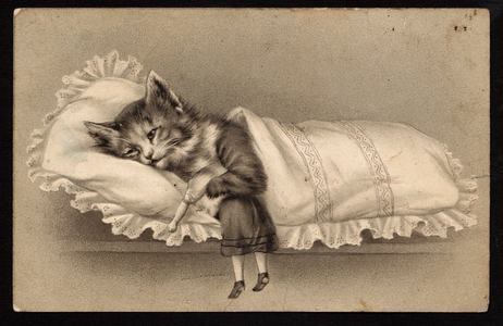 Animals in human-like poses. Cat sleeping in a bed with a little girl beside it. Postcard. (chromo)
