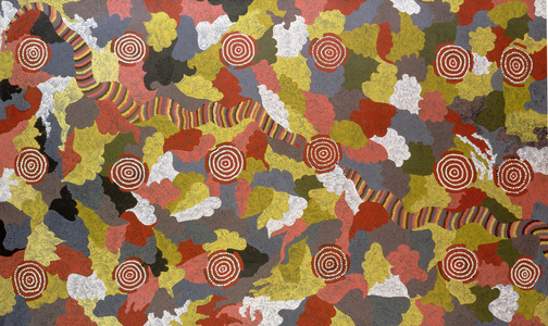 Rainbow Serpent Dreaming, painted with the assistance of his wife Wingie Napaltjarri, 1989 (acrylic)