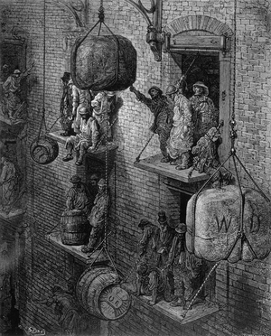 Warehousing in the City, from 'London, a Pilgrimage', written by William Blanchard Jerrold (1826-84), engraved by Stephane Pannemaker (1847-1930), pub. 1872 (engraving)
