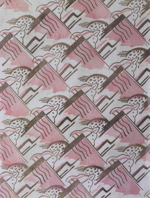 Fabric sample: leaf and geometric shapes in pink and brown, c.1920-30 (block printed on white open weave muslin)