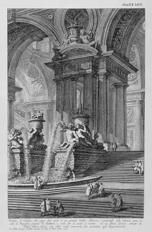 Plate LXV Architectural capriccio of a monumental group of columns supporting two arches of a grand courtyard with magnificent fountains ornamented with statues and bas-reliefs dated 1743 from 'Vedute', first published in 1756, pub. by E & F.N. Spon Ltd., 1900 (engraving)