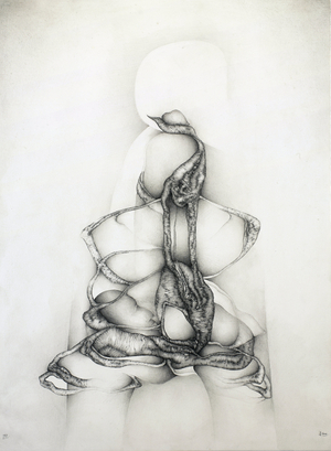 Self-portrait through the inside - Drawing by Fred Deux (1924-2015), pencil on paper, 76 x 57 cm, 1981 - Musee Cantini