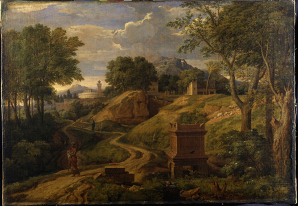 Classical landscape with a woman carrying a child, c.1650-75 (oil on canvas)