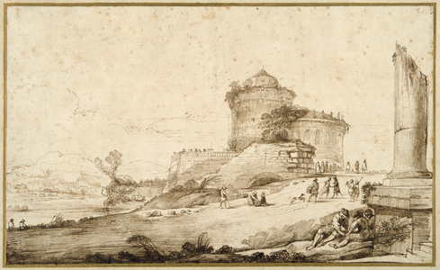 Landscape with a broken column, a castle and numerous figures in the foreground at the right (pen & ink on paper)