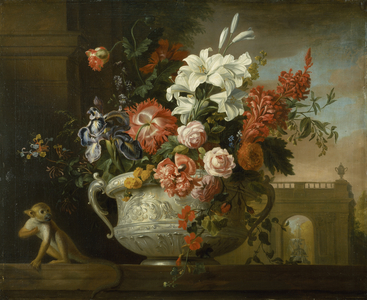 Still life with flowers in an urn, with a monkey, on a ledge, c.1699 (oil on canvas)