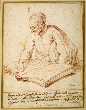Padre Sebastiano Resta examining a folio of drawings (red chalk on paper)