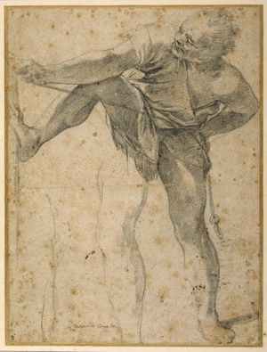 Man pulling on a rope, his left leg rehearsed a second time (black chalk on paper)