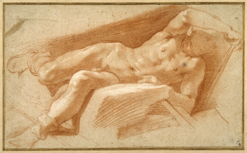 Recumbent youth posed nude, except for his hose pulled down to his ankles (red chalk on paper)