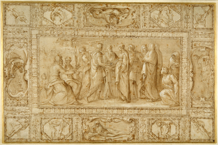 A marriage ceremony and other designs to decorate a ceiling (pen & brown ink with heightening)