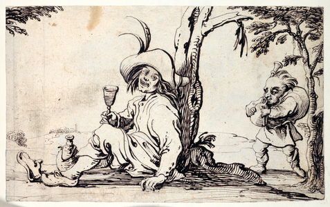 Countryman seated refreshing himself and a dwarf with bagpipes (pen & ink on paper)