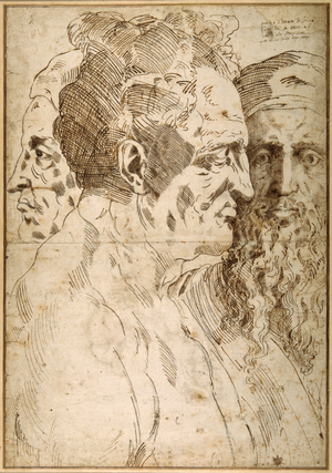 Three male heads juxtaposed (pen & brown ink and black chalk on paper)