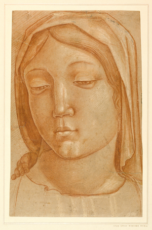 Head of the Virgin, with the fingers of a child's hand on her right shoulder (red chalk on paper)