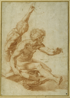 Nude studies for St. Andrew and another apostle in 'The Transfiguration' (red chalk over stylus indentation on cream paper)