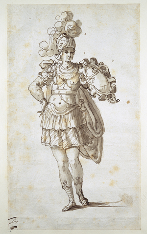 Knight or squire bearing a shield (pen & ink on paper)