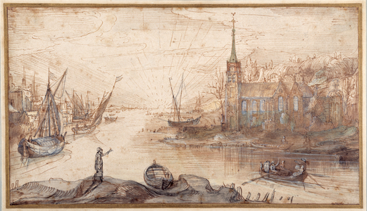 A harbour scene with shipping and a church at sundown (pen & brown ink with brown wash on paper)