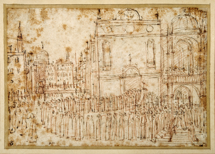 A Venetian procession moving from a scuola to a flanking church (pen & ink over chalk on paper)
