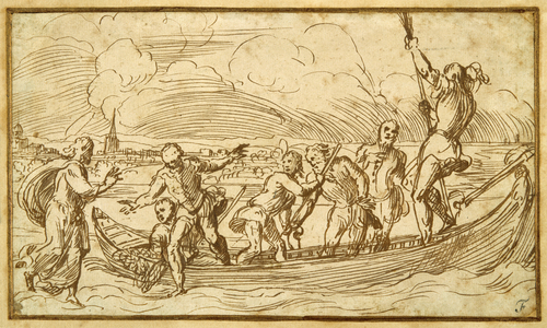 Christ and St Peter walking on the water (pen & brown ink on paper)