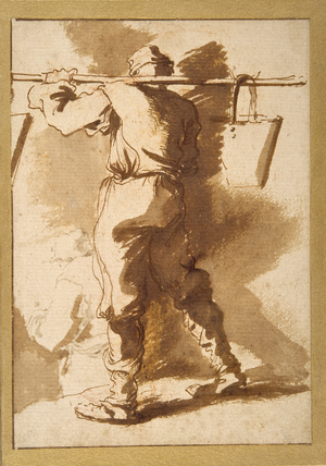 Back view of a water carrier, another figure beyond him (pen & ink with wash over chalk on paper)