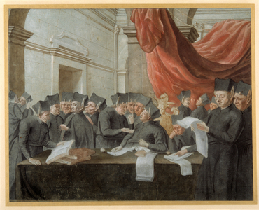 Jesuits in conclave, arguing over accounts (pen & ink with w/c on paper)