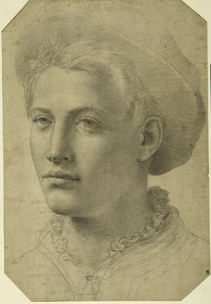 Portrait head of a youth wearing a cap, c.1530-40 (black chalk on white paper)