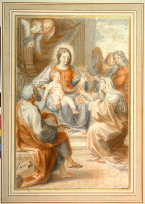 The Holy Family with St. Anne, attended by angels and cherubim (red, black & brown chalks on white paper)