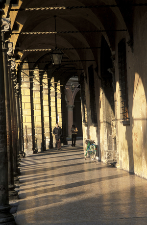 Porch of Isolani palace, Santo Stefano square, Bologna, Emilia Romagna, Italy.