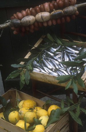 Anchovies and lemons, Monterosso, Cinque Terre, Liguria, Italy