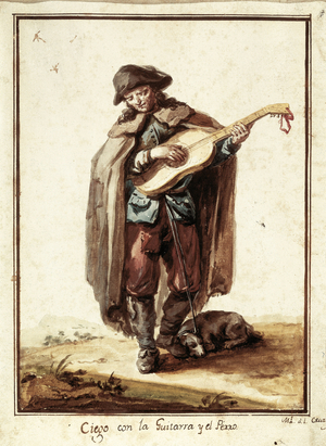 CRUZ VAZQUEZ, Manual of the (1750-1792). “” Ciego con la guitarra y el perro”” (Blindman with guitar and dog). Original drawing for the book “” Collection of costumes of Spain””, 1777. Brush and wash on laid paper. Academicism. Drawing. SPAIN. MADRID (AUTONOMOUS COMMUNITY). Madrid. Museo de Historia