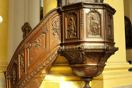 FRANCE. BIG EAST. MURTHE-AND-MOSELLE. Luneville. Church of Saint James. Detail of the pulpit. Baroque art. Architecture. Photography