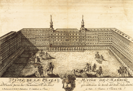 View of the Plaza Mayor of Madrid adorned for the royal bullfighting celebrated the afternoon of 20 of July of 1803 (engraving)