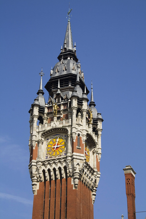 FRANCE. Hauts-de-France. NOT-DE-CALAIS. Calais. City Hall (City Hall). Built between 1911-1925. Detail of the bell tower. Architecture. Photography