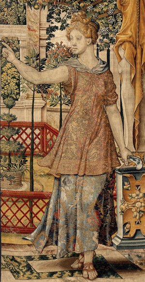Vertumnus and Pomona: Vertumnus transformed into a farmer, c.1550 (gold, wool and silk)