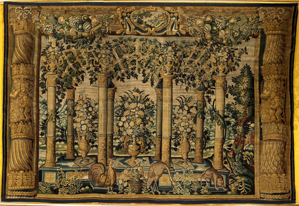 Galleries with animals or Gallery of espaliers. Manufactured in silk and wool in unknown workshop, 295 x 454 cm (17th century). A tripartite pergola, held up by four pairs of Corinthian columns with gilded bases and capitals, supports the wooden structure which the climbing gourds wind their way up. Inside the pergola, three majestic bouquets. In the foreground a range of animals. The scene is framed by side and top-borders dominated by two Solomonic columns. Flemish art. Tapestry. SPAIN. MADRID (AUTONOMOUS COMMUNITY). Aranjuez. Royal Palace of Aranjuez