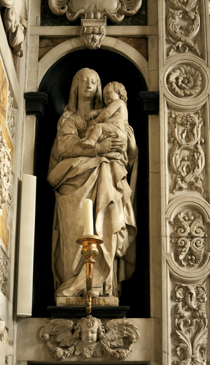BELGIUM. Antwerp. Church of Saint Carolus Boromeus. Detail of the statue of the Virgin in the side chapel, devoted to Virgin Mary. Baroque art. Sculpture.