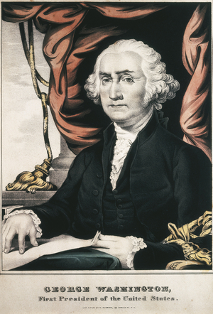 WASHINGTON, George (1732-1799). Portrait of George Washington with the inscription “First President of the United States””. Engraving.