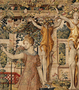 Vertumnus and Pomona: Vertumnus transformed into a farmer, c.1550 (gold, wool and silk)