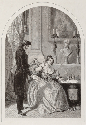 Prime Minister Juan Alvarez Mendizabal presenting to the regent queen Maria Cristina the decree by which the government confiscates the properties of the regular clergy (etching)