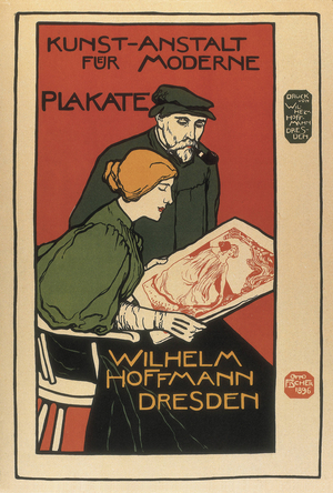 Advertisement sign for Wilhelm Hoffmann Art Gallery in Dresden, 1896. Jugendstil. Engraving.